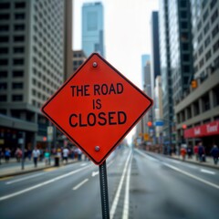 Urban road closure. Red sign stating "The road is closed" in a busy city street with skyscrapers and pedestrians.