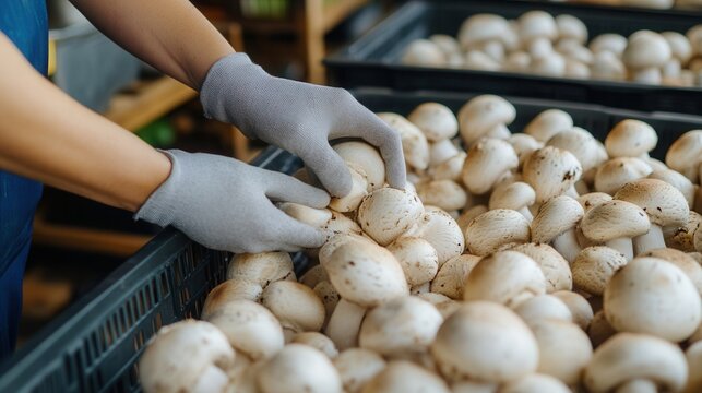 A person wearing gloves sorts and selects fresh white mushrooms in a bustling market environment. The mushrooms are packed in several crates, emphasizing quality. champignons in a greenhouse