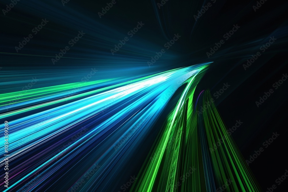 Poster a burst of vibrant blue and green light beams spreads across a dark background, creating a striking 