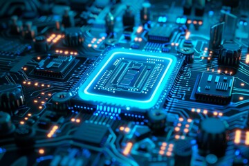 Fototapeta premium A vibrant close-up of a computer chip surrounded by a detailed circuit board. The glowing blue lights highlight the complex connections, illustrating advanced technology.