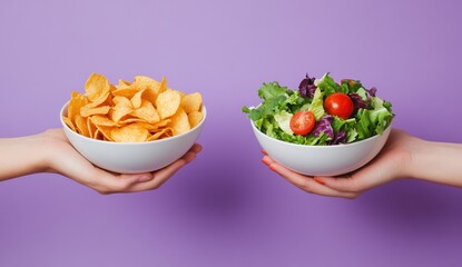 Woman's hands holding a salad bowl and chips in glass bowls, a healthy eating versus fast food concept on a purple background