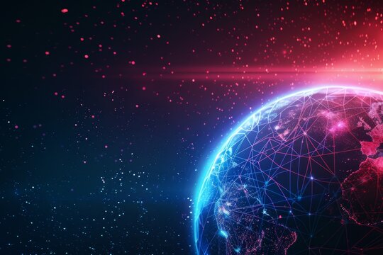 Fototapeta A vibrant digital representation of Earth is surrounded by glowing network connections, depicting an advanced technological landscape against a dark space backdrop.