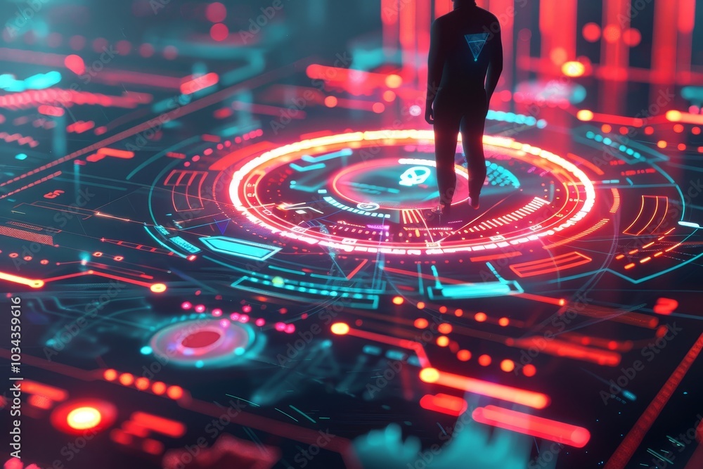 Poster a figure stands on a vibrant digital display filled with glowing symbols and circuits, set in an abs