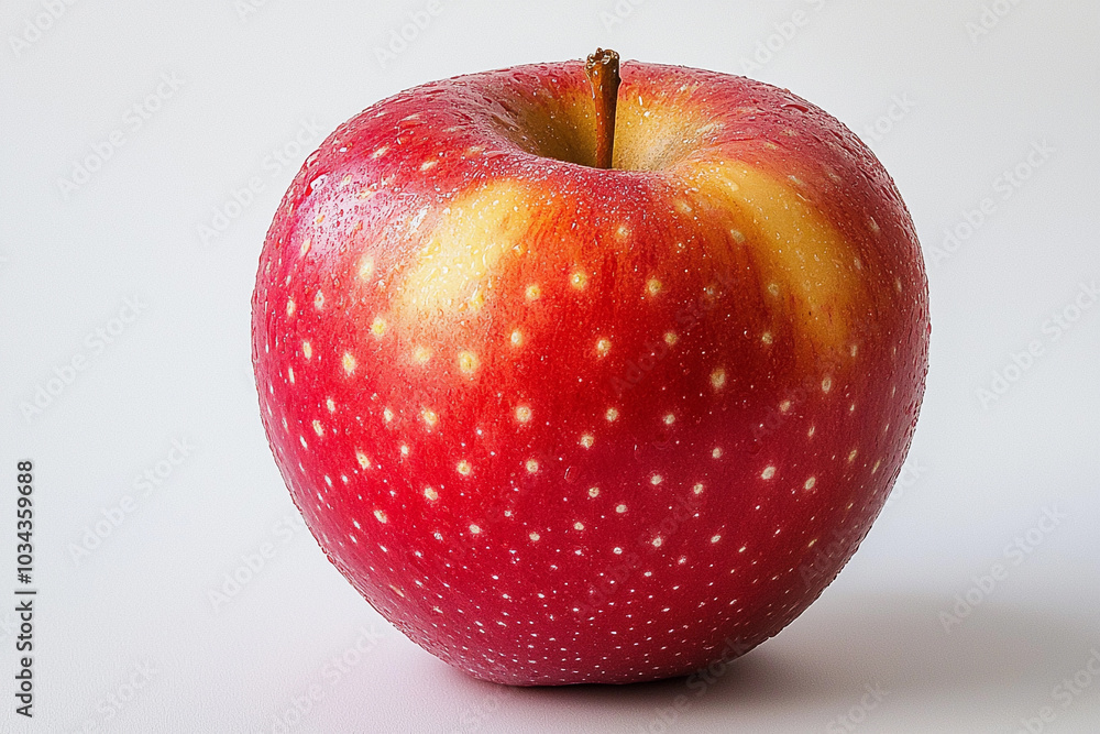 Poster red apple on a light background highlighting its texture and color