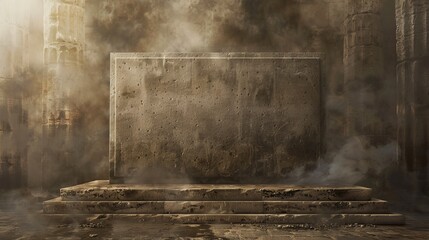 A stone platform with a large block in front, shrouded in mist.