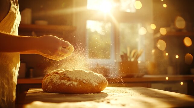 Capturing the art of baking a beautiful moment of flour dust and fresh bread creation in a sunlit kitchen