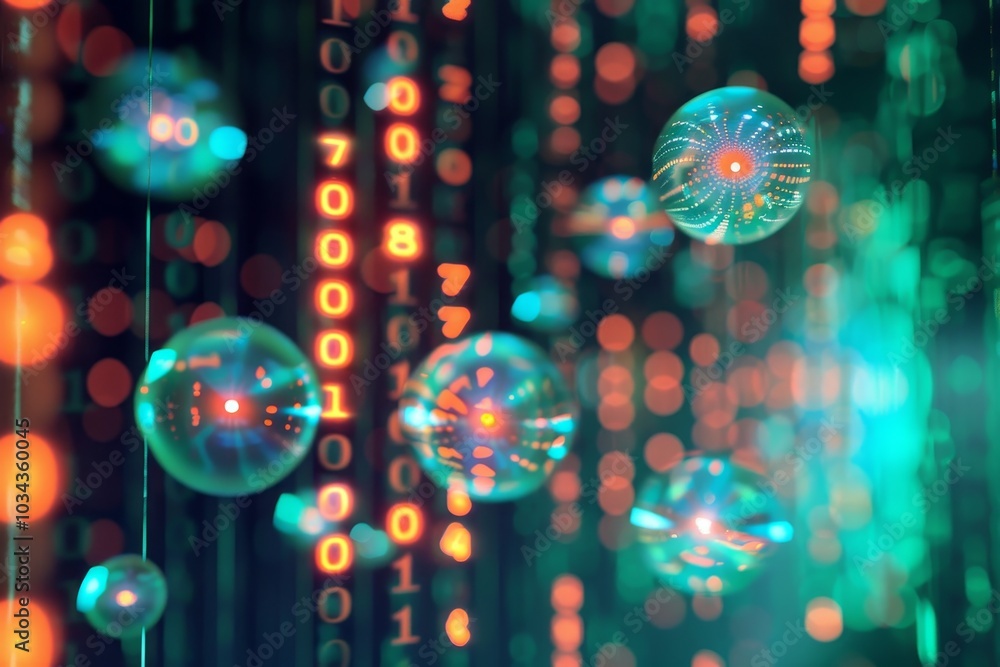 Poster colorful spheres float in a vibrant digital landscape filled with lines of binary code, creating an 