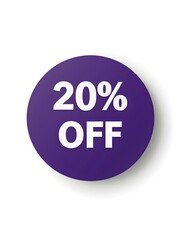 White '20% OFF' Text on a Dark Purple Round Paper Note. White Background 