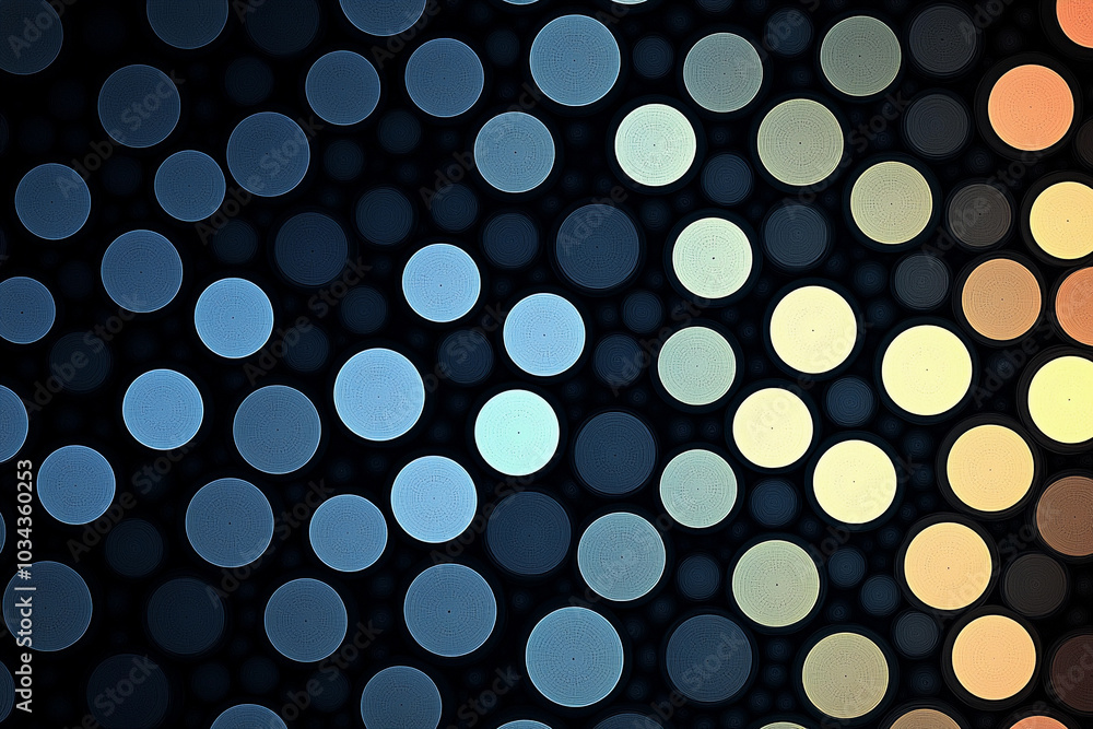 Poster colorful circular patterns with varying shades on a dark background