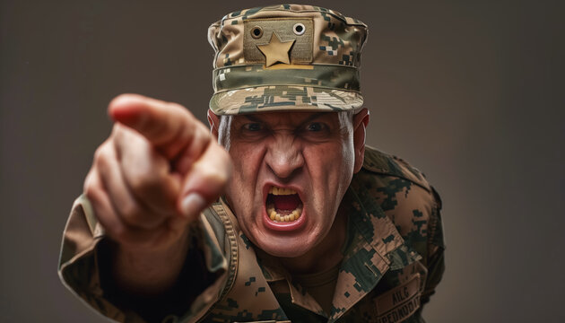 Drill sergeant with angry face expression pointing finger to camera. Generative AI