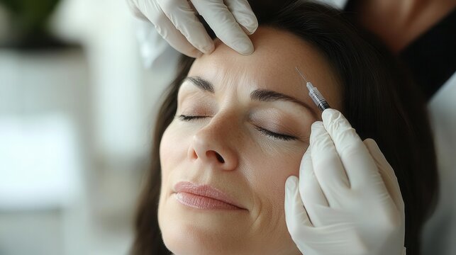 Aesthetic treatment in progress as a professional injects filler beneath the eyebrow of a relaxed client in a beauty clinic setting, mimic wrinkles, stop aging