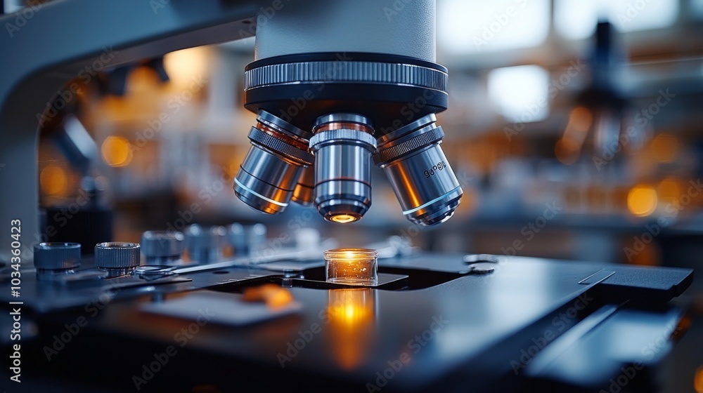 Poster A microscope is positioned over a clear sample slide, illuminated by warm light in a bustling laboratory. The environment is filled with scientific equipment and tools.