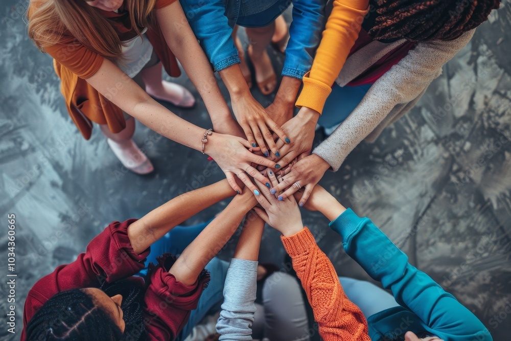 Poster Several friends from different backgrounds come together, placing their hands in the center, symbolizing unity and collaboration in a warm and inviting setting.