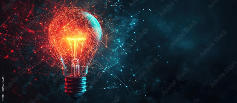 Aufkleber a glowing light bulb with a complex network of red and blue lines around it.