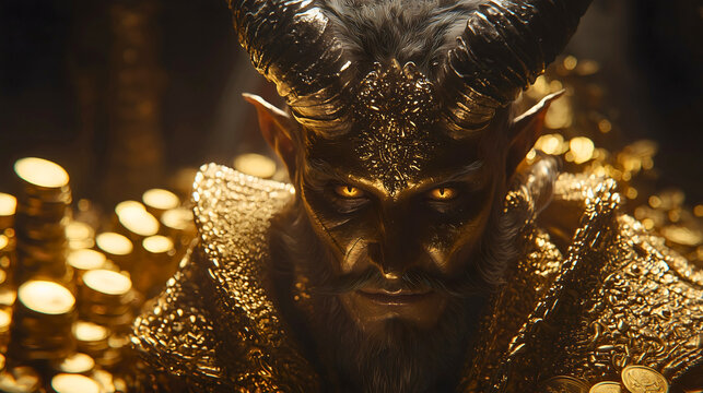Demon Mammon, with his sinister golden gaze in his treasury, is a high demon who is incredibly greedy.