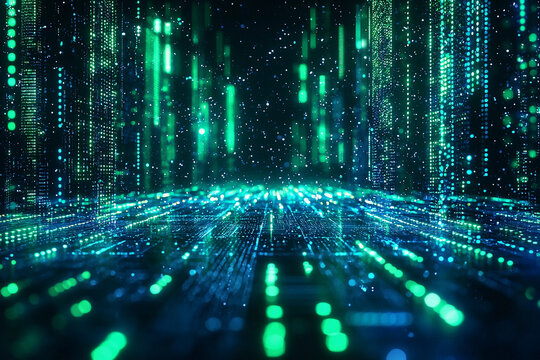 Digital rain cascades in a vibrant neon landscape at twilight