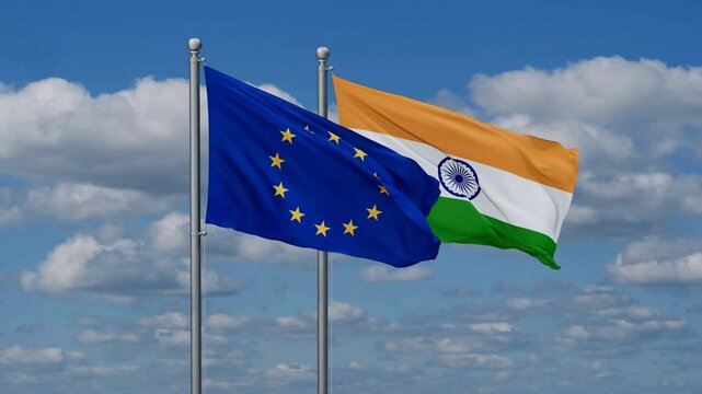 India and European Union flags flying together, video concept of the relationship, two country relations concept
