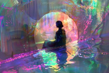 A tranquil setting captures a figure sitting peacefully in reflective water, embraced by colorful, swirling lights that create a dreamlike atmosphere.