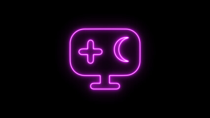 Neon Computer icon, Display Medical icon, Computer Speaker Computer monitor mute speaker. Abstract neon monitor icon on black background. Glowing neon icon on brick wall background