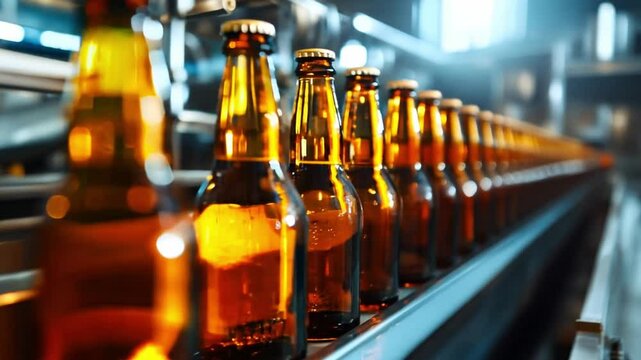 Amber bottles filled with liquid travel down a production line in a bustling brewery with bright lighting
