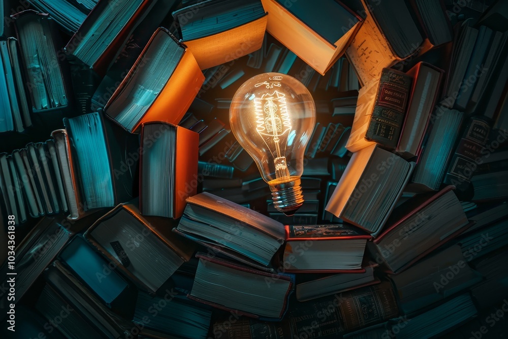 Poster a warm, glowing light bulb is positioned at the center, illuminating a circle of open books that cre