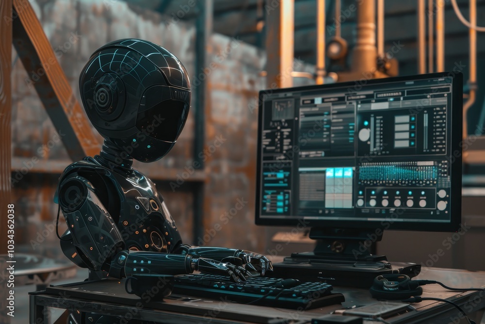 Poster a humanoid robot focuses on its computer screen, utilizing various digital controls in a high-tech w