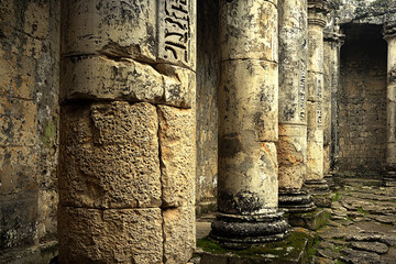 Ancient stone columns in a historical site surrounded by vegetation - Powered by Adobe