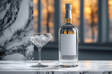 Vodka bottle and vodka glass on white marble background
