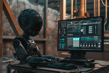 A humanoid robot focuses on its computer screen, utilizing various digital controls in a high-tech workshop filled with machinery and ambient lighting.