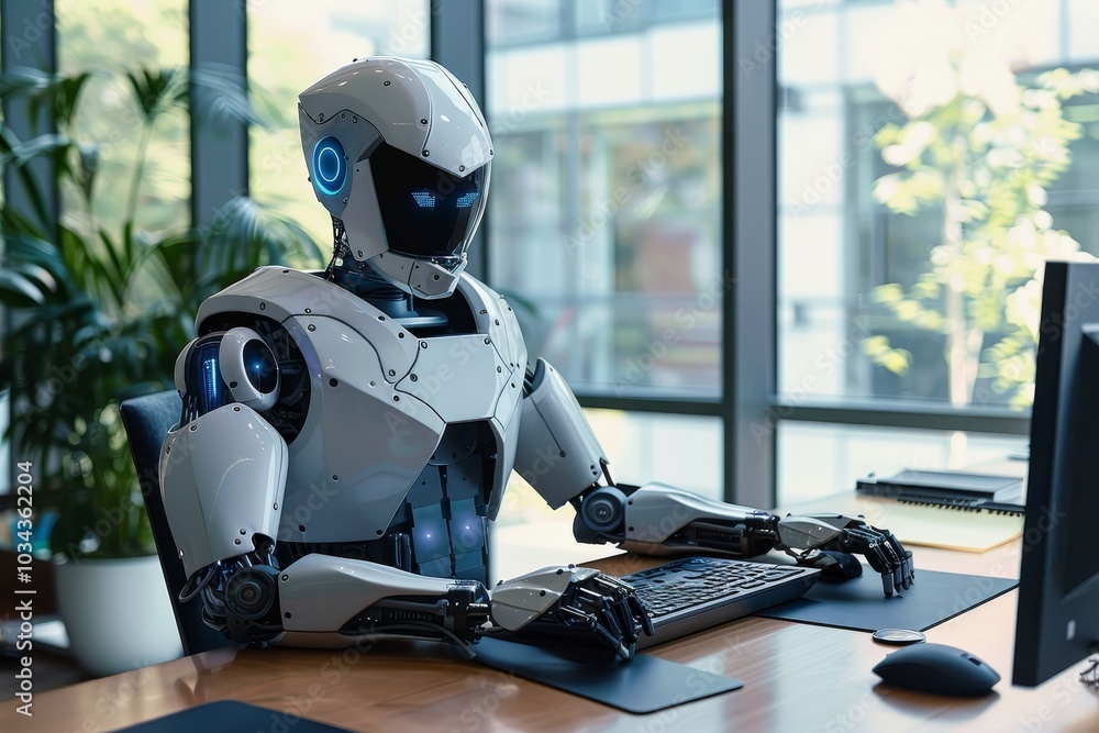 Poster a humanoid robot types intently at a keyboard in a sleek office, surrounded by large windows that le