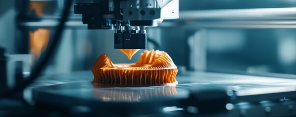3D printer creates orange plastic object.