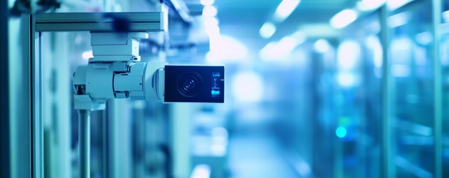 Security camera mounted in a blue room.