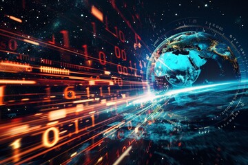 A captivating display of the Earth surrounded by vibrant streams of binary code representing data flow in a digital universe during a space exploration theme.