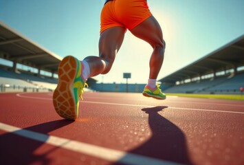 Starting block takeoff. Close-up of athlete's feet launching from starting blocks on running track.