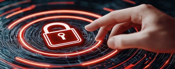 A digital hand reaching towards a glowing red padlock symbol, representing cybersecurity and information protection against a network background.