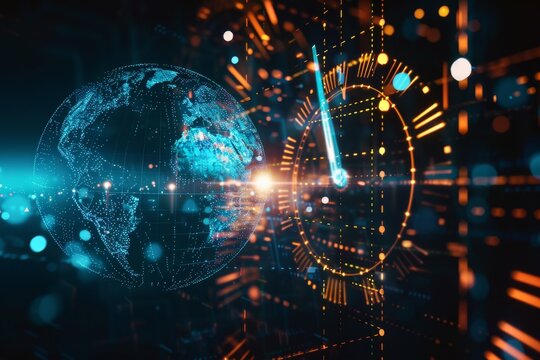 A vibrant depiction showcases a glowing Earth surrounded by digital elements and a futuristic clock, illustrating the interaction of technology and global communication.