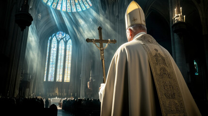 Naklejka premium Roman bishop in cathedral, leading worship service