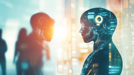 Innovation and business success through a detailed double exposure of a businessman in a modern office, immersed in financial analysis. The scene smoothly transitions from cool tones to warm