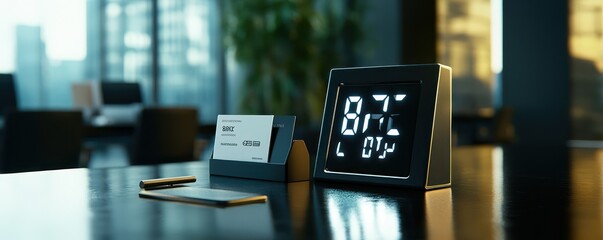 digital clock and business card holder on a sleek desk in office