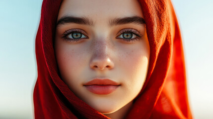 Naklejka premium Close-up portrait of a young woman with curly hair and freckles, showcasing natural beauty and glowing skin in soft lighting