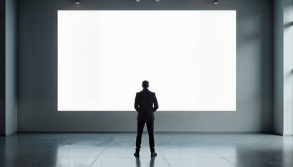 Businessman standing in front of a white screen for presentation, modern setting, with copy space
