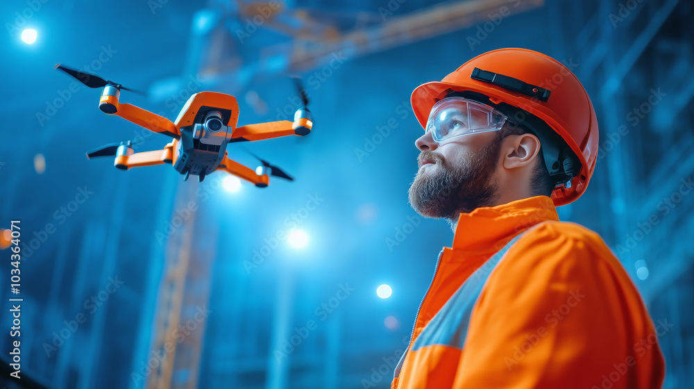 Poster construction worker observes drone operation at a busy construct