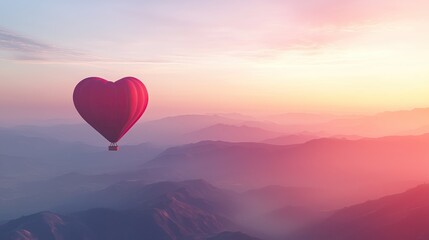 Fototapeta premium Valentine's day concept, heart shaped hot air balloon flying over misty mountains at sunrise. Beautiful landscape background with space for text.