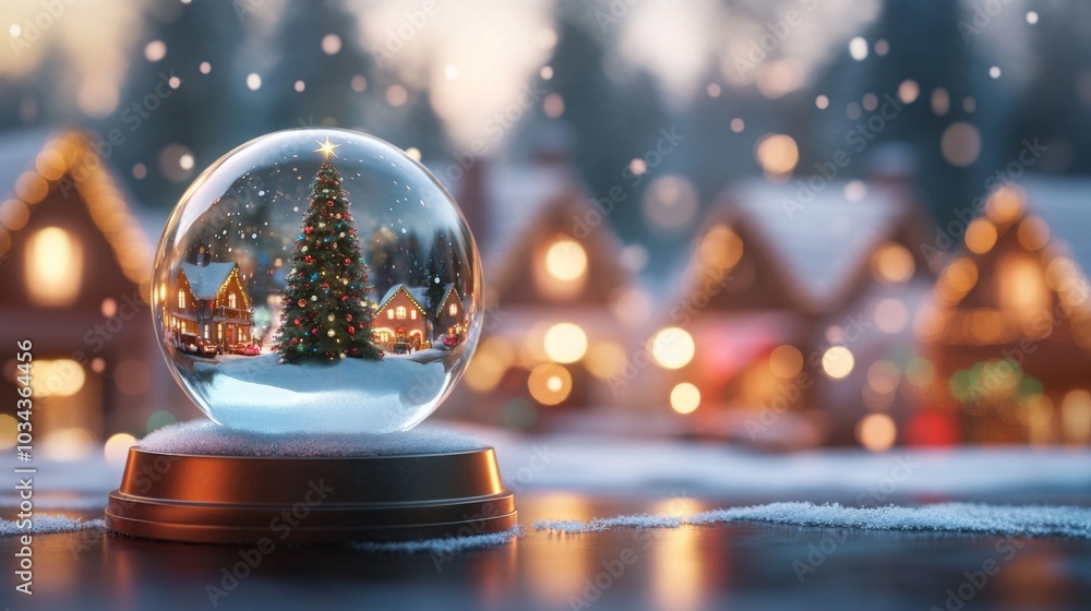 Poster a snow globe containing a miniature christmas scene sits on a snowy surface. the snow globe depicts 