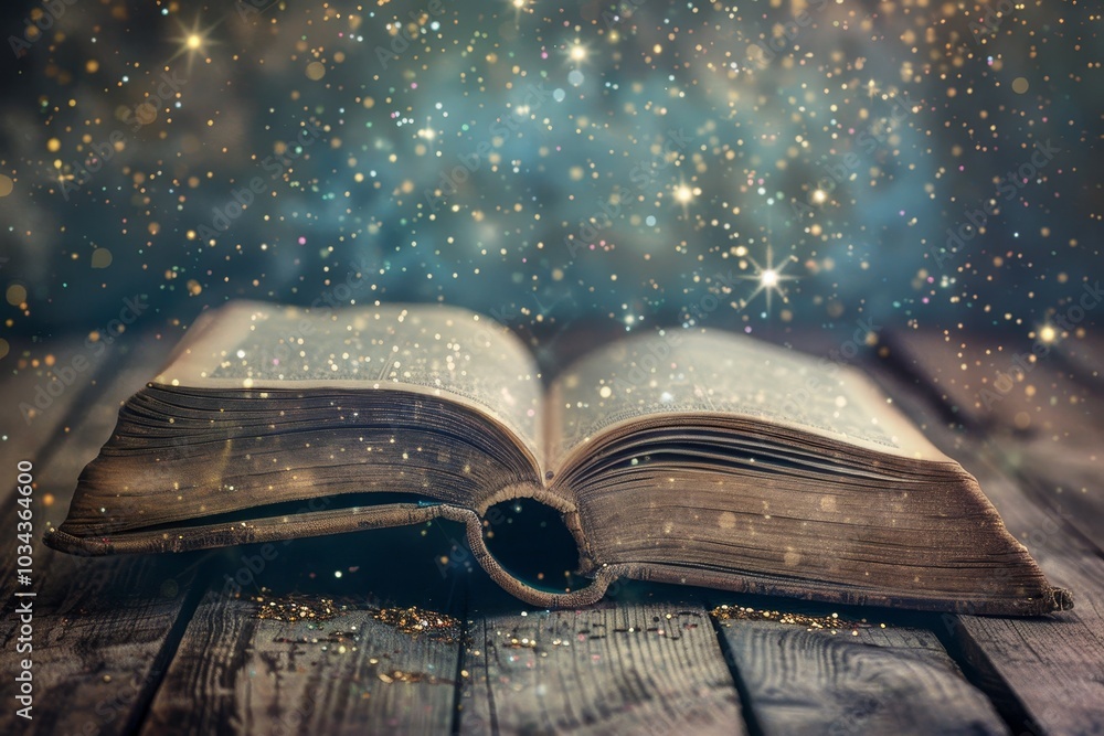 Poster an open book lies on a rustic wooden surface, illuminated by a soft glow as shimmering particles flo
