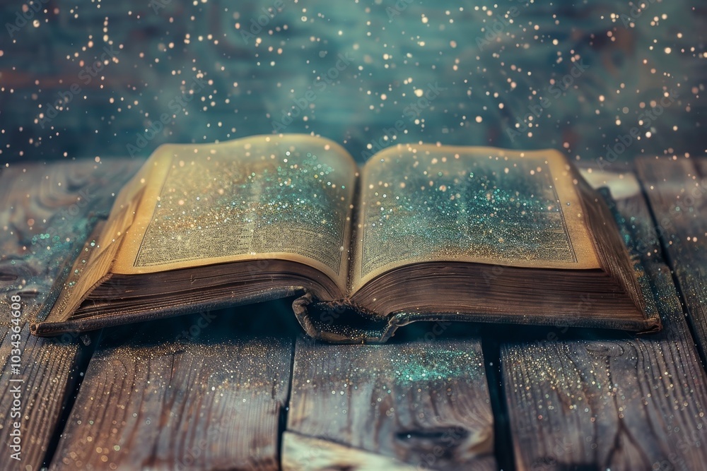Poster an open book rests on a rustic wooden table, surrounded by magical glowing dust. the atmosphere capt
