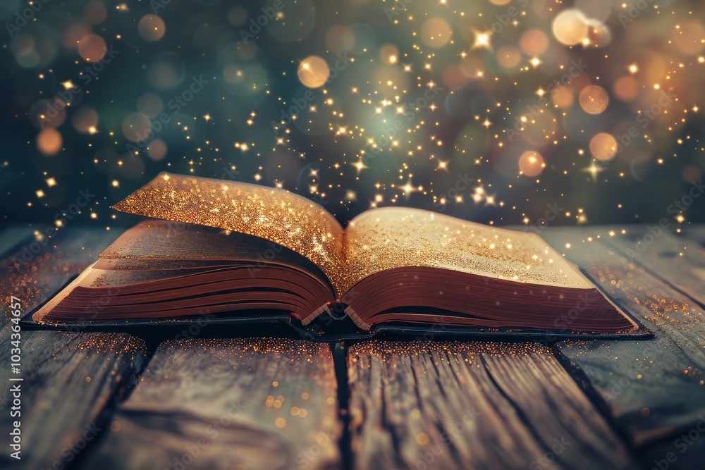 Poster an open book glimmers with golden sparkles as it rests on a weathered wooden surface, surrounded by 