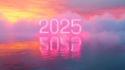 Neon 2025 Glowing Over Calm Water with Perfect Reflection