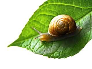 Snail on leaf in vibrant green setting transparent white background