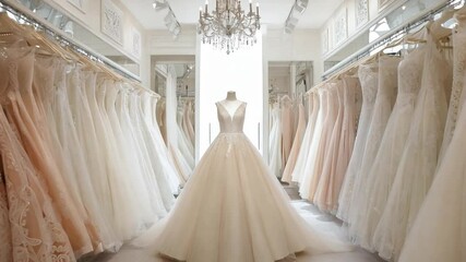 A beautiful bridal boutique features a stunning white gown at the center, surrounded by a variety of elegant wedding dresses in soft hues